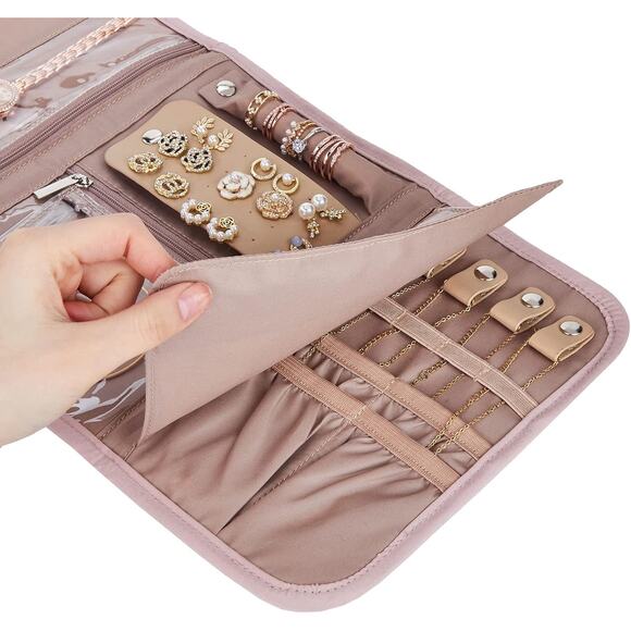 BELALIFE Travel Jewelry Case Organizer, Foldable Storage Roll - Pink - Picture 1 of 5